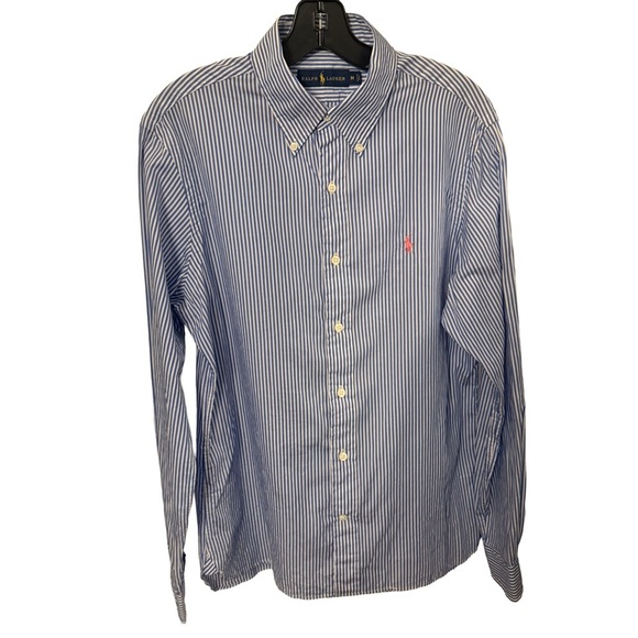 Ralph Lauren Mens M Blue & White Striped Long Sleeve Button Down Shirt Pink Pony - Picture 2 of 10